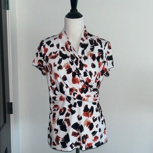 DKNY M orange white Black Print faux Wrap short sleeve Top